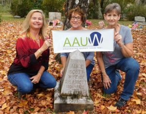 Women's Vote Centennial Chair and Co-Presidents Susie Baird and Theresa Owen located the grave marker for local suffragist Alice Scott Abbott at the Espanola Cemetary in Flagler County.