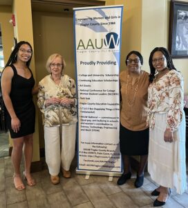 Continuing Education Scholarship recipient Karissa Jackson with Scholarship Chair Ellie Bozzone, Karissa's grandmother and mother, branch member Ester Jackson
